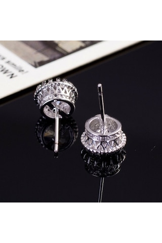 1Carat Kral Tacı Motifli Beyaz Tek Taş Bayan Erkek Küpe Df09 Beyaz