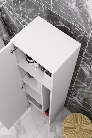 Çok Amaçlı Kapaklı Banyo Dolabı - Yüksek Raflı, Dar Alanlara Uyumlu Depolama Dolabı - Beyaz - 45cm