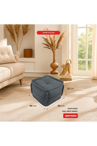 Xpermate Puffymod Dekoratif Kare Puf Orta Sehpa Ayak Uzatma Puf 40x32 Cm Gri Çok Renkli