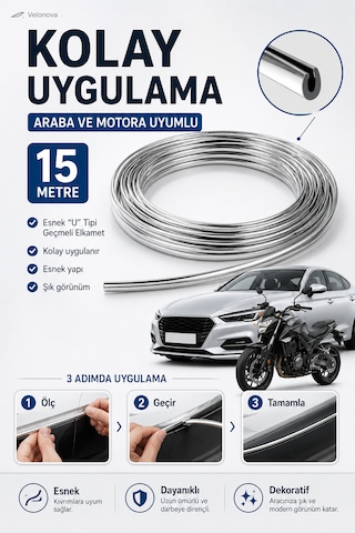 15 Metre U Tipi Elkamet Esnek Krom Kaplama Şeridi Araba Ve Motor Uyumlu