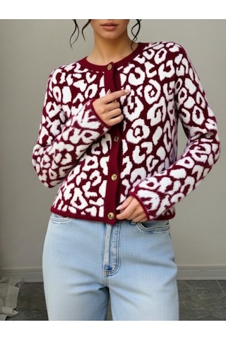 Newco Trend Moda Leopar Desen Bordo Crop Triko Örme Hırka - Bordo Bordo