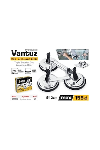 Sgs956 - 155 Kg Üçlü Vantuz Alüminyum Cam Seramik Fayans Ahşap Tutma Taşıma Vantuzu 12cm 12cm 12