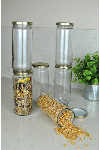 6 Adet Metal Gold Altın Kapaklı Konserve 500 Cc Şeffaf Uzun Cam K