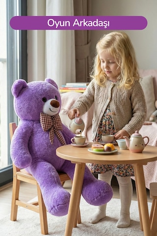 80 Cm Büyük Boy Yumuşak Papyonlu Oyuncak Ayıcık Mor