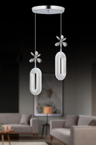 Led Alfa 2'li Gümüş 3 Renk Ledli Kristal Taşlı Modern Led Avize Krom