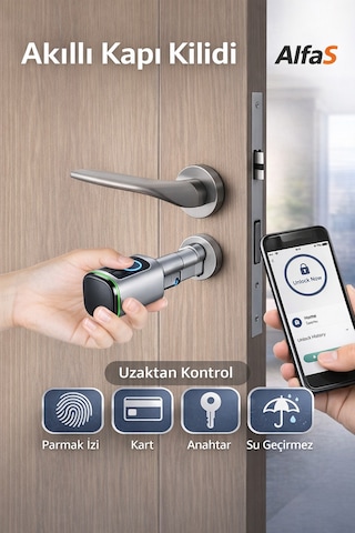 Parmak İzli Anahtarlı Kartlı Ve Uzaktan Kontrollü Pvc Ahşap Aliminyüm Uyumlu Akıllı Kapı Kilidi Gümüş