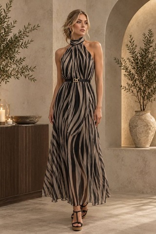 Moda Banuş Zebra Şifon Astarlı Elbise Siyah