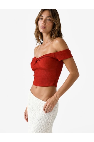 Koton Koton X Şahika Ercümen - Bürümcük Kumaş Kalp Yaka Düğüm Detaylı Omzu Açık Crop Top Kırmızı 6sak10451ek