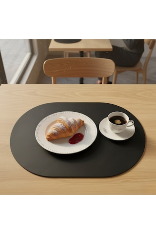 2 Adet Deri Siyah Tam Oval Amerikan Servis Supla 33x44 Cm-kolay Silinebilir Supla