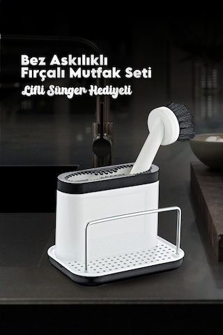 Grimorlife Fırçalı Telli Mutfak Seti Beyaz - Standlı Plastik Mutfak Lifli Sünger Hediyeli Beyaz