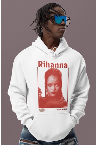 Sevbano Rihanna Badgirl Baskılı Unisex Oversize Şarkıcı Hoodie beyaz
