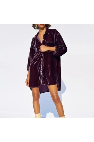 Sonbahar Gevşek Fener Kollu Uzun Gömlek Ofis Kadın Moda Kadın Gömlek Kış Altın Kadife Bluz Kadın Giysileri Tops 30091 Kahverengi