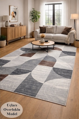 Kaymaz Taban Gri Kahve Modern Geometrik Yıkanabilir Salon Mutfak Koridor Yolluk Halı Gri-kahve