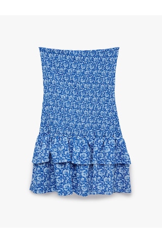 Koton Slim Fit Straplez Kolsuz Katlı Volanlı Gipeli Mini Çiçekli Elbise Mavi Desenli 6sal80238ık