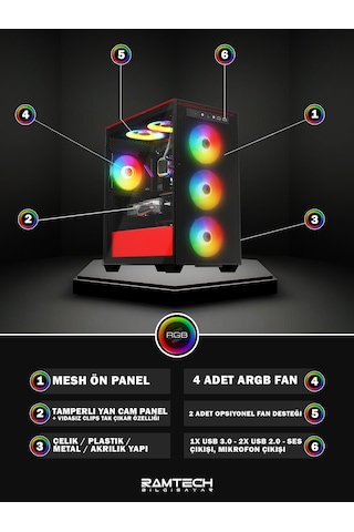 Ramtech Blaze X110 i7-4770 16 GB 480 GB SSD 4 GB GTX1050Ti Free Dos Masaüstü Oyuncu Bilgisayarı