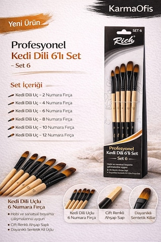 Profesyonel Kedi Dili Fırça Seti 6 Lı Set 6 No 2-4-6-8-10-12 Sentetik Boya Fırçası