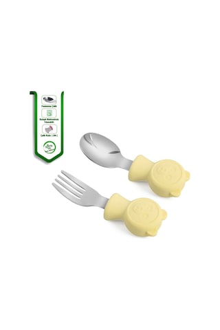 Jojobebek Kaşık Çatal Seti, Ergonomik Kısa Saplı Silikon, Paslanmaz Çelik Uçlu, Saklama Kutulu, (9-24 Ay) (SARI)