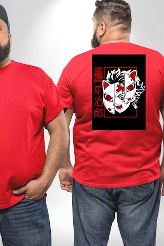 Angemiel Anime İblis Avcısı Kimetsu No Yaiba Maske Büyük Beden Kırmızı Tişört Kadın Erkek Ünisex Sırt Baskılı Kırmızı
