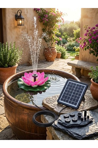 Güneş Enerjili Pembe Lotus Çiçekli Solar Fıskiye - Dekoratif Bahçe Süs Havuzu - Havuz Süsü