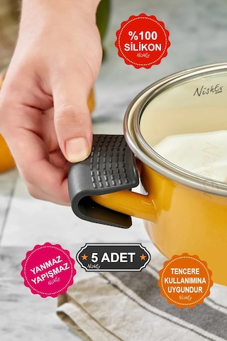 Nishev Yanmaz Yapışmaz Silikon Tencere Tutacağı Silikon Kulp Tutacak 5 Adet Çift Siyah