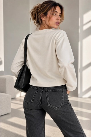 Bb Butik Basic Ön Dikiş Detaylı Basic Sweatshirt Günlük Rahat Kesim My3535 Ekru