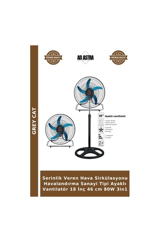 Serinlik Veren Hava Sirkülasyonu Havalandırma Sanayi Tipi Ayaklı Vantilatör 18 İnç 46 Cm 80w 3in1