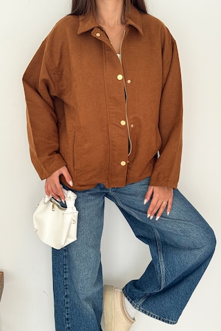 Kadın Fermuarlı Altın Düğmeli Mont Structured Style Taba