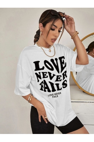 Flood Of Style Kadın Beyaz Love Never Faıls Baskılı Oversize Bisiklet Yaka Tshirt