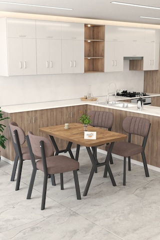 Gnr 70x110cm Sabit Atlantik Mutfak Masası Takımı, Yemek Masası, 4 Modern Kahverengi Sandalye Kahverengi