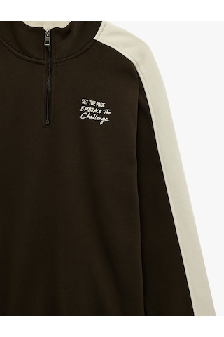 Koton Regular Fit Uzun Kollu Şardonlu Renk Kontrastlı Baskılı Yarım Fermuarlı Sweatshirt Kahverengi 6sam70040mk Kahverengi