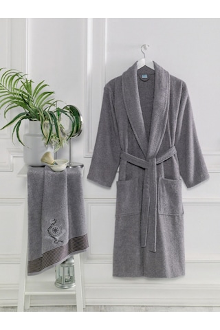 Eponj Home Bornoz - Nakışlı Havlu Seti Cora Antrasit S/m+45x85cm Antrasit