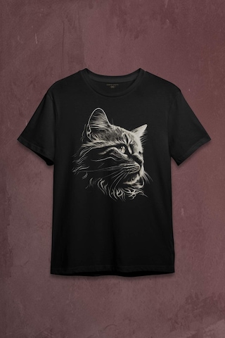 Bıyıklı Kedi Minimal Çizim 3d Efektli Realist Sepya Siyah Baskılı Tişört Unisex T-shirt 001