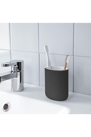 2 Li Banyo Seti Ekoln Sıvı Sabunluk Diş Fırçalık Koyu Gri Renk Stoneware Koyu Gri