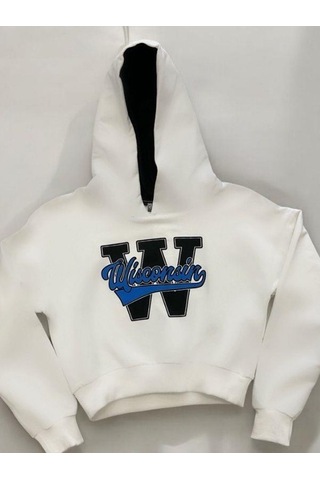Kız Çocuk Pamuklu W Yazılı Kısa Sweatshirt-14380 Ekru
