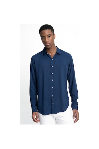 Tudors Slim Fit Dar Kesim Uzun Kol Dökümlü Viskon Şık Erkek Lacivert Gömlek-26913-lacivert Lacivert