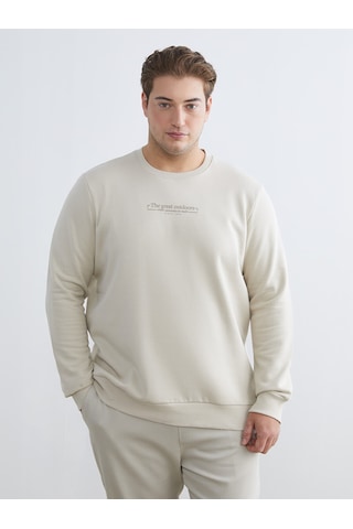 Lcwaıkıkı Classic Bej Büyük Beden Bisiklet Yaka Baskılı Kalın Erkek Sweatshirt
