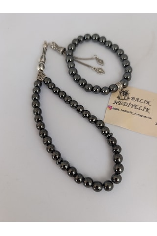 Doğaltaş Tespih-bileklik Takım Ahşap Kutulu /hematit Taşı Hmtt-10 Gri - Siyah