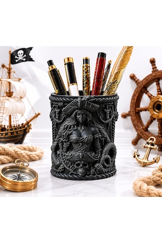 Özel Tasarım Korsan Temalı Dekoratif Kalemlik 8x10 Masaüstü Organizer Premium Kalem Tutucu Siyah