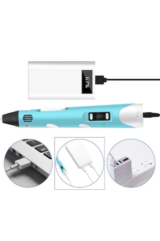 Mavi 3D Kalem 3D Pen Yazıcı Kalem – 20 Adet 5 Metrelik PLA Filament (Toplam 100M) + USB Kablo