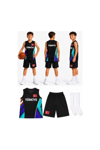 Sonvadi Çocuk Basketbol Forması Türkiye Armalı Siyah-turkuaz 3 Parça Çorap Turkuaz