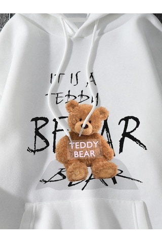 Altamira Unisex Beyaz Bear Ayı Baskılı Oversize Kapşonlu Sweatshirt 001