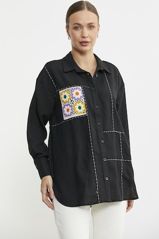 Renkli Dantel Detaylı Tunik Gömlek - Siyah Siyah