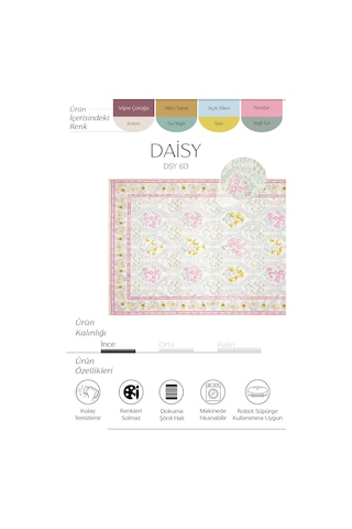Cool Halı Daisy Krem Pembe Bohem Halı Dekoratif Vintage Otantik Çiçekli İnce Yıkanabilir Şönil Halı