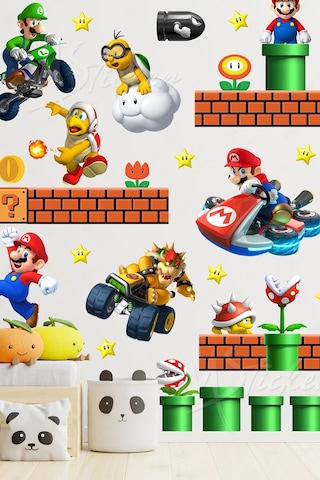 MSticker Super Mario Ve Arkadaşları Sevimli Eğlenceli Çocuk Odası Cam Duvar Sticker Seti Büyük Boy