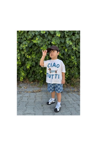 Poala Kids Damalı Denim Balloon Şort Mavi