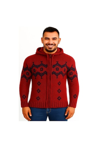 Tarz Cool T00465 Erkek Desenli Fermuarlı Triko Hırka - Bordo - St00465-bordo-l Bordo