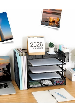 Temel Siyah Metal Mesh 4 Katlı Masaüstü Organizer Dosyalık Çekmeceli Kalemlikli 34.5x22x30 Cm 9209