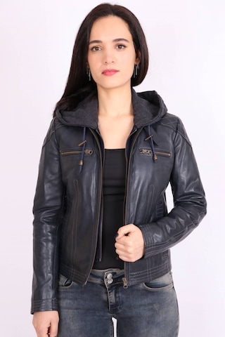 Lacivert Hakiki Deri Çıkarılabilir Kapüşonlu Hakim Yaka Spor Mont