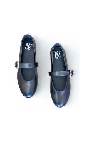 Ne&ve Shoes Siyah Hakiki Deri Yuvarlak Burunlu Tokalı Kadın Babet