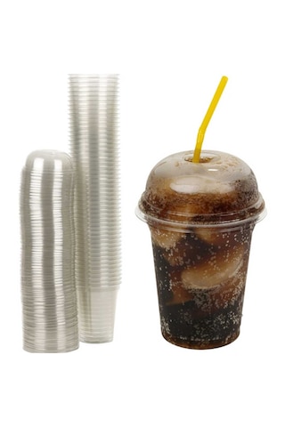Plastik Milkshake Bardağı 50'li Kapaklı Şeffaf Meşrubat Bardağı